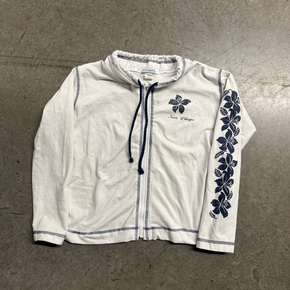 WiseGirl San Diego Hibiscus Y2K Zip Up Hoodie White Navy Floral Small Y2K Beach